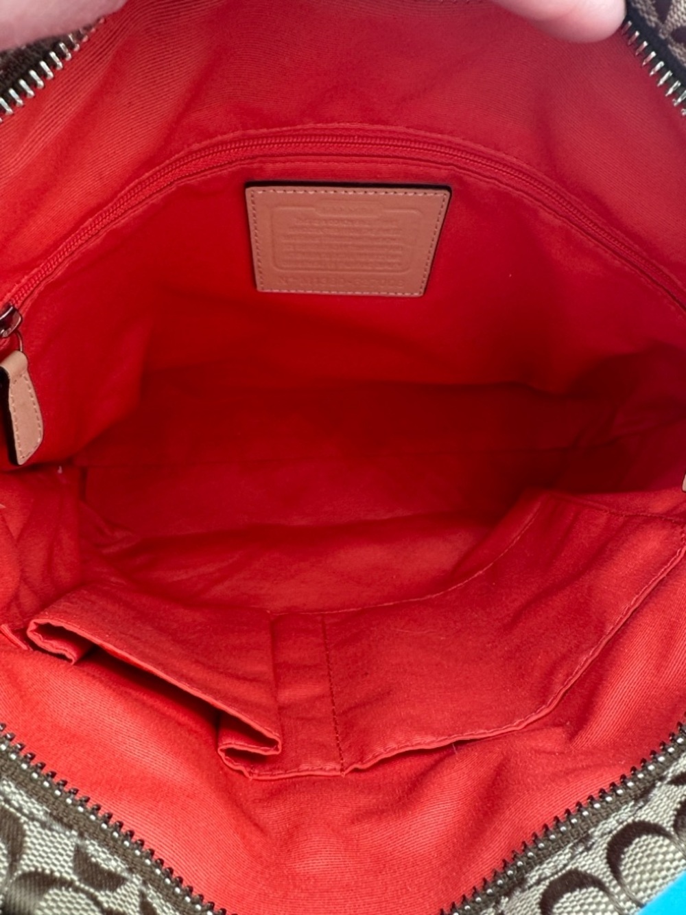 Coach Signature Canvas Tote with Red Stripe and Tan Leather Trim - Picture 6 of 7